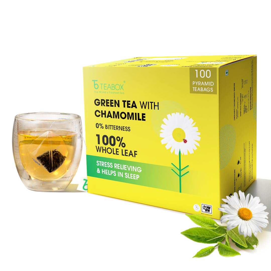 Teabox 100 bolsas de té verde de manzanilla, con flores de manzanilla egipcia y té verde de hoja entera, mezcla calmante para relajación y sueño, baja cafeína, fresco y aromático