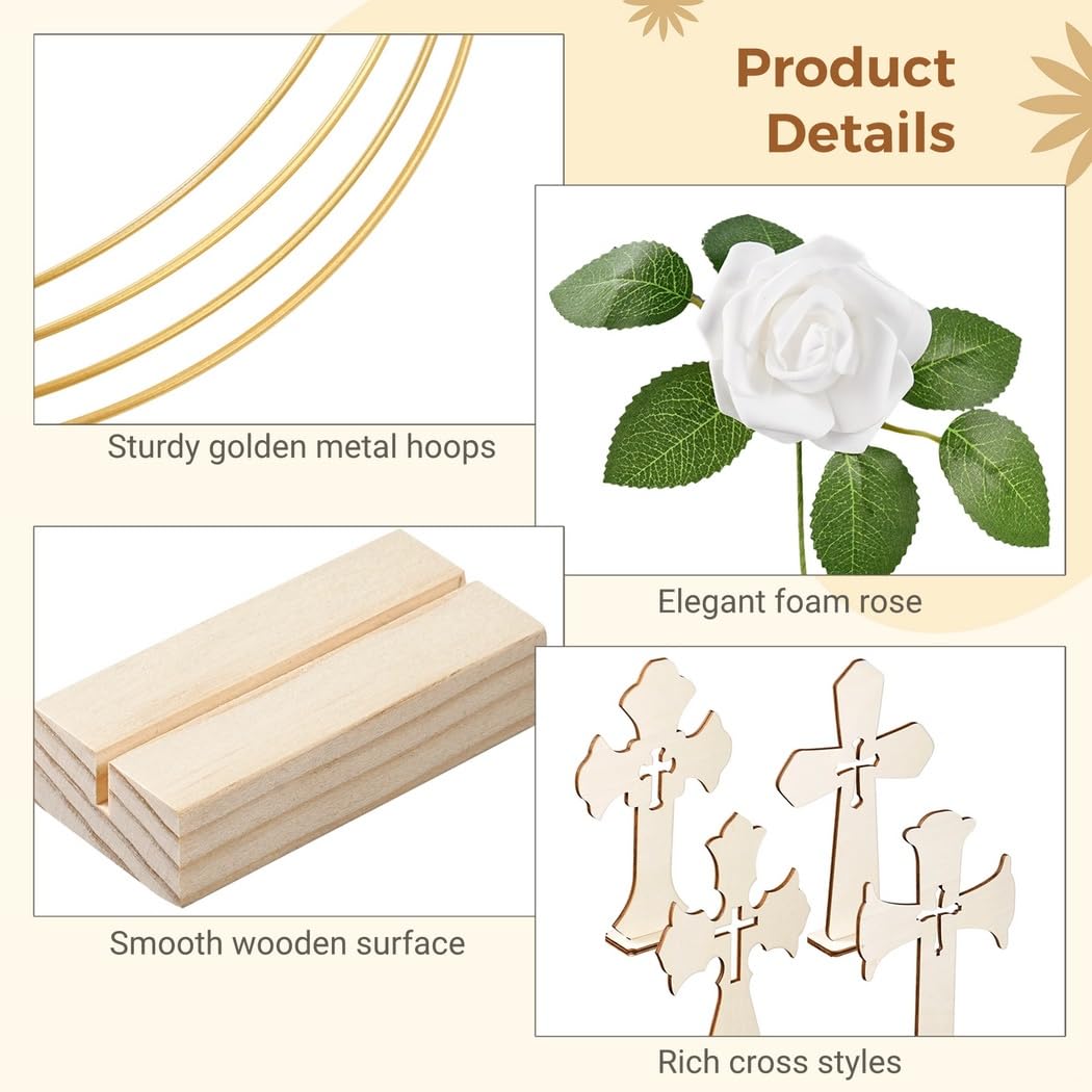 8 aros florales de metal dorado con soportes, 8 cruces de madera de pie, 48 rosas de espuma de tallo y hoja, 64 piezas de decoración de mesa de boda, centros de mesa de fiesta