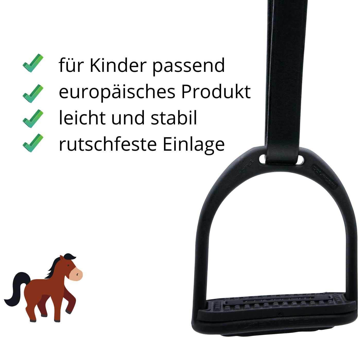 Compositi AMKA Sattelzubehör Set für Kinder mit Steigbügel, Riemen und Durchrutschschutz
