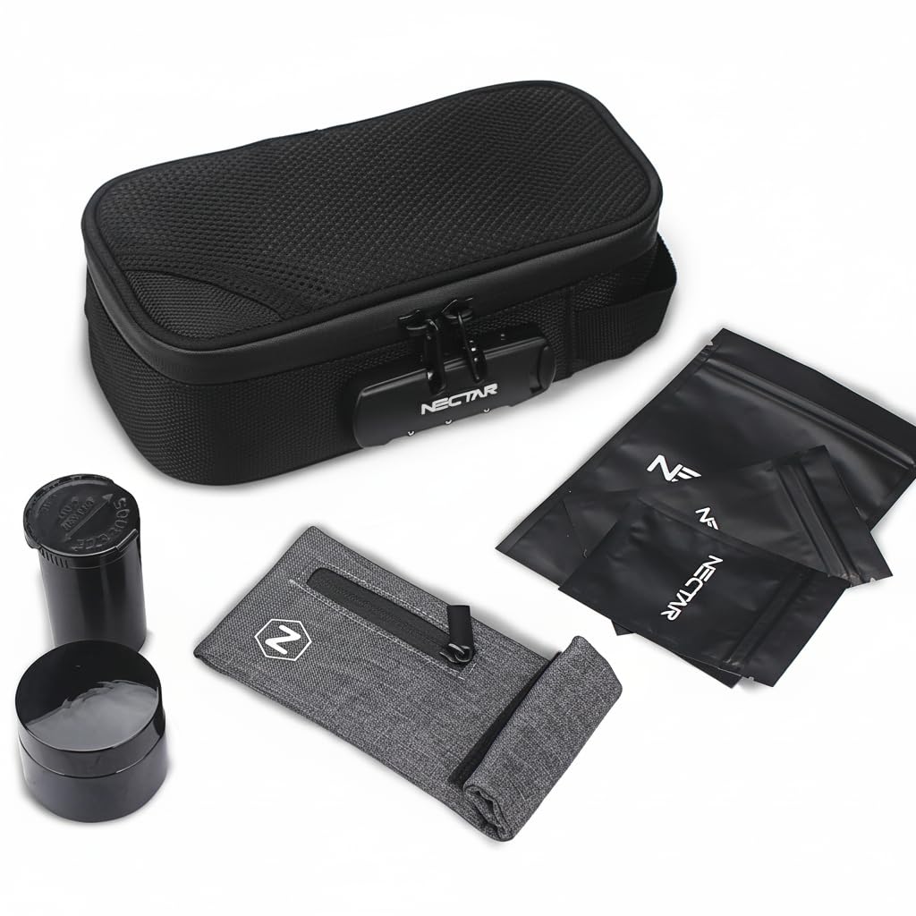 Smell Proof Bag + Accessories | 2 Year Warranty | Lockable Stash Bag with Activated Carbon Lining | Includes Aluminium Grinder, UV Stash Jar, Mylar Bags, Stash Container & Vape Pouch