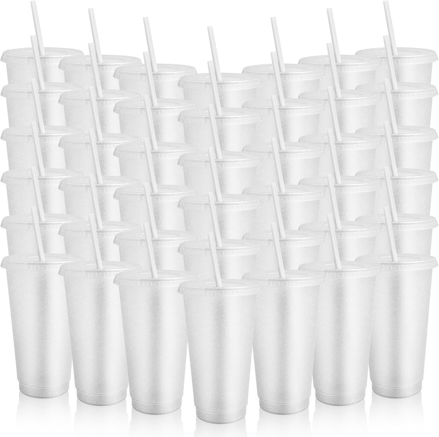60er Pack Plastikbecher mit Deckel und Strohhalm, 710ml Kunststoff Glitzerbecher Set, Wiederverwendbare Partybecher für Eiskaffee Kaltes Trinken Smoothie Saft (Weiß)