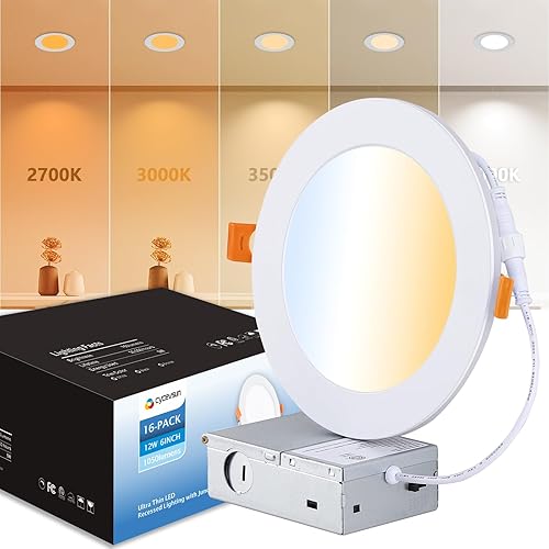 Iluminación empotrada de 6 pulgadas (paquete de 16) de obleas ultrafinas sin lata con caja de conexiones, regulable y temperatura de 5 colores