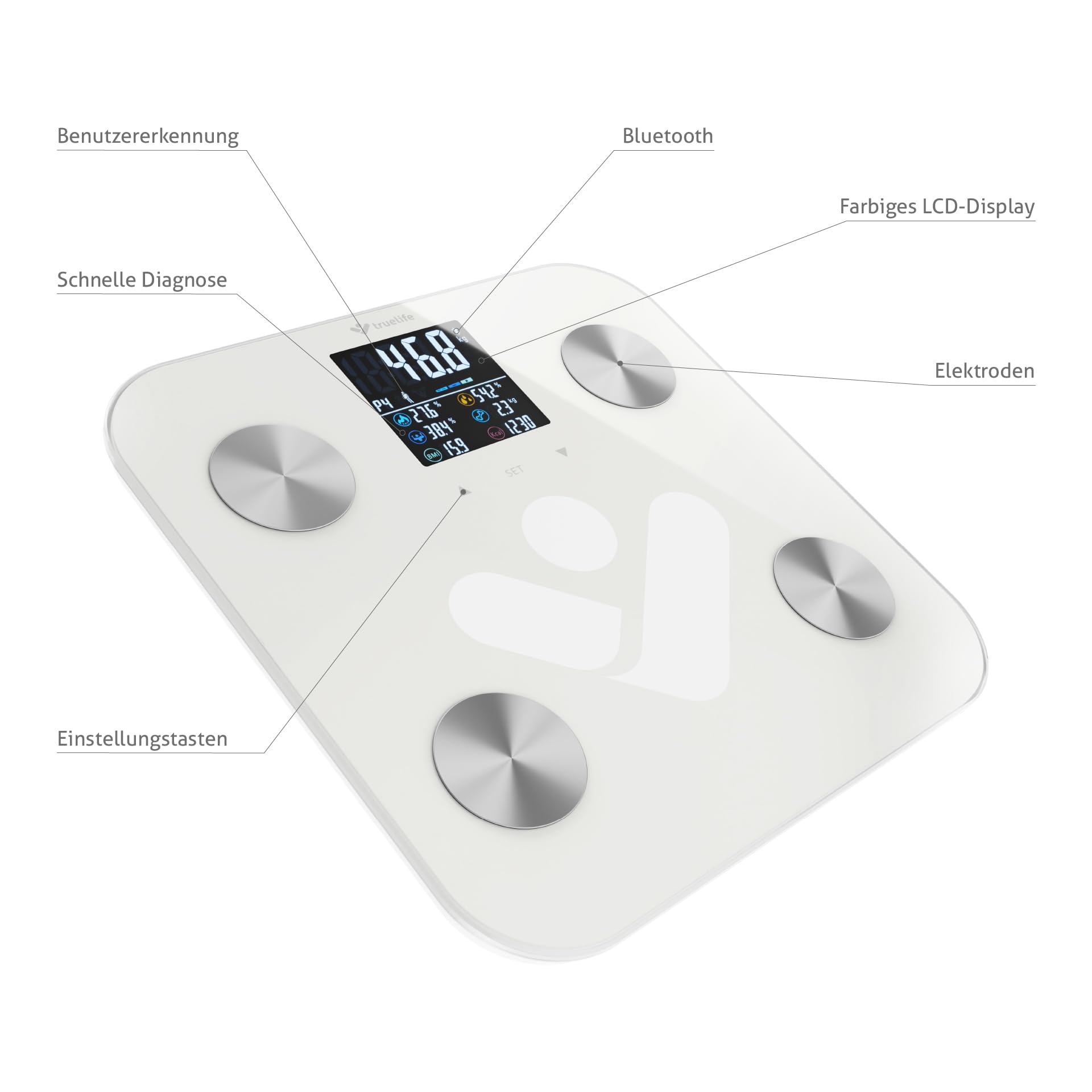 TrueLife FitScale W6 BT Personendiagnostische Bluetooth-Waage, Messung mit bioelektrischer Impedanzanalyse, 19 messbare Körperindizes, farbiges LCD-Display, bis zu 8 Benutzer, mobile App