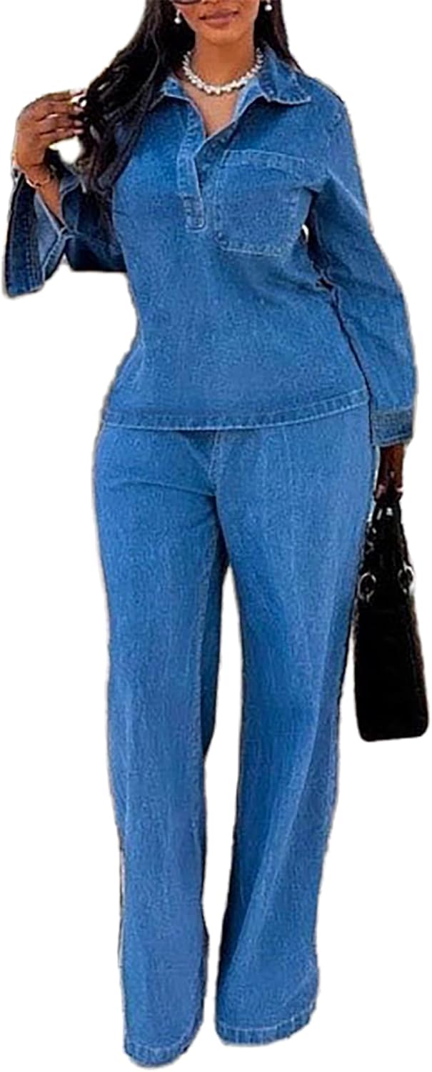 2 Piece Denim Sets for Women Long Sleeve Jean Blouse and Wide Leg Pants Set Casual