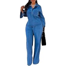 2 Piece Denim Sets for Women Long Sleeve Jean Blouse and Wide Leg Pants Set Casual