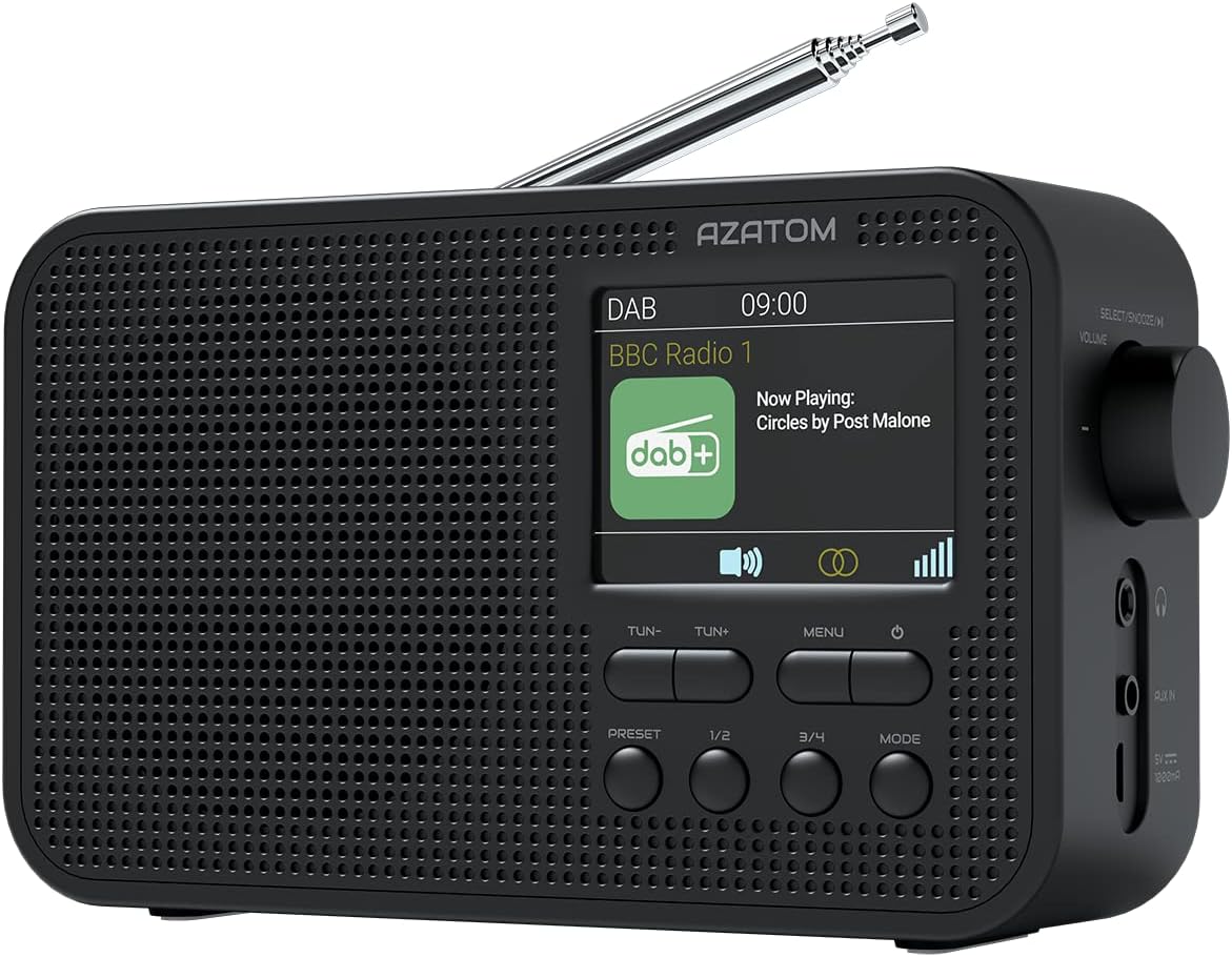 DAB/DAB+ & FM Portable Radio | Large Display | Bluetooth 5.3 | 2200mAh Rechargeable Battery Built-in | Dual Alarms & Sleep Timer | Perfect for Home, Office or Outdoors | AZATOM Aspire G2 (Black)