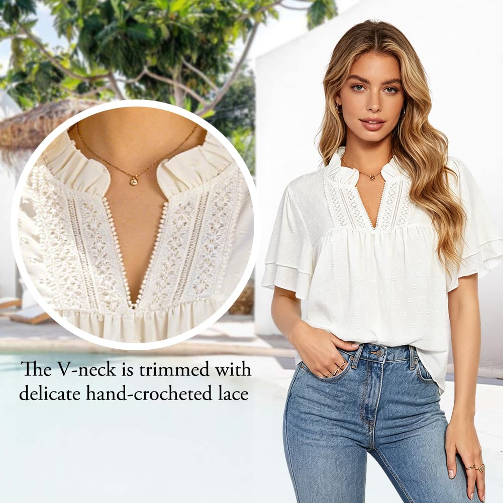 Boho zwiewne bluzki damskie z długim rękawem dekolt w serek elegancka koronkowa bluzka z falbankami do noszenia na co dzień przez cały sezon, damskie bluzki do legginsów koszulki na co dzień