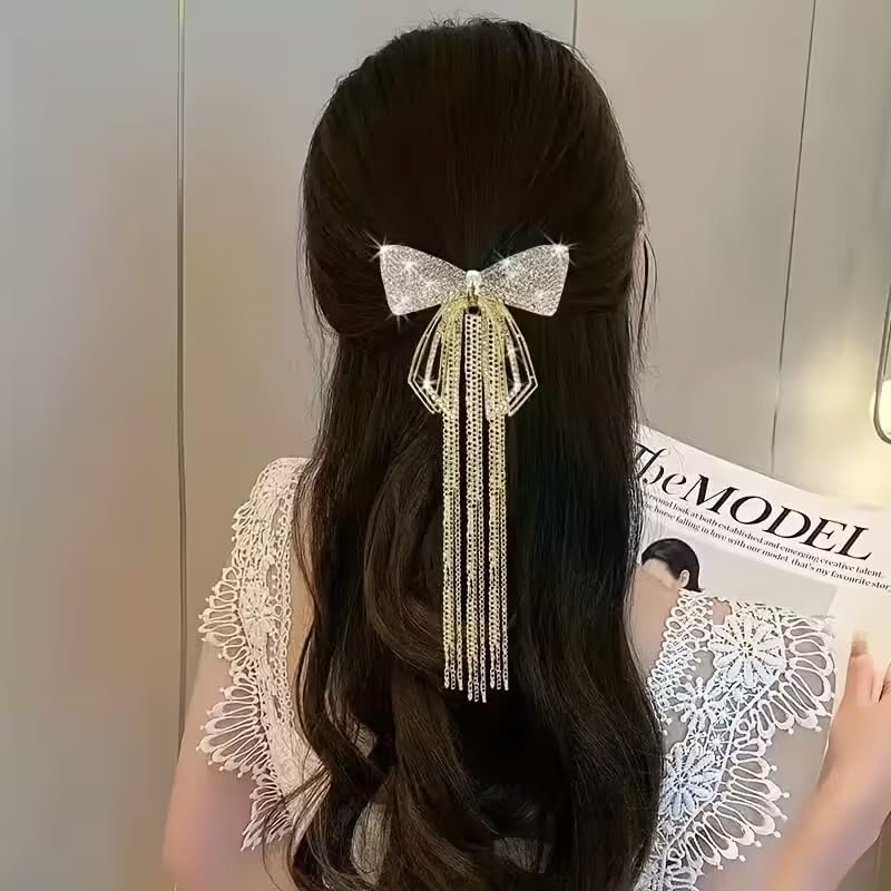 Diversa Gold Plated Pearl Hair Clip, Bowknot Design with CZ Stones, French Barrette for Metal French Barrette for Festivals Wedding and Special Occasions (Design 3)