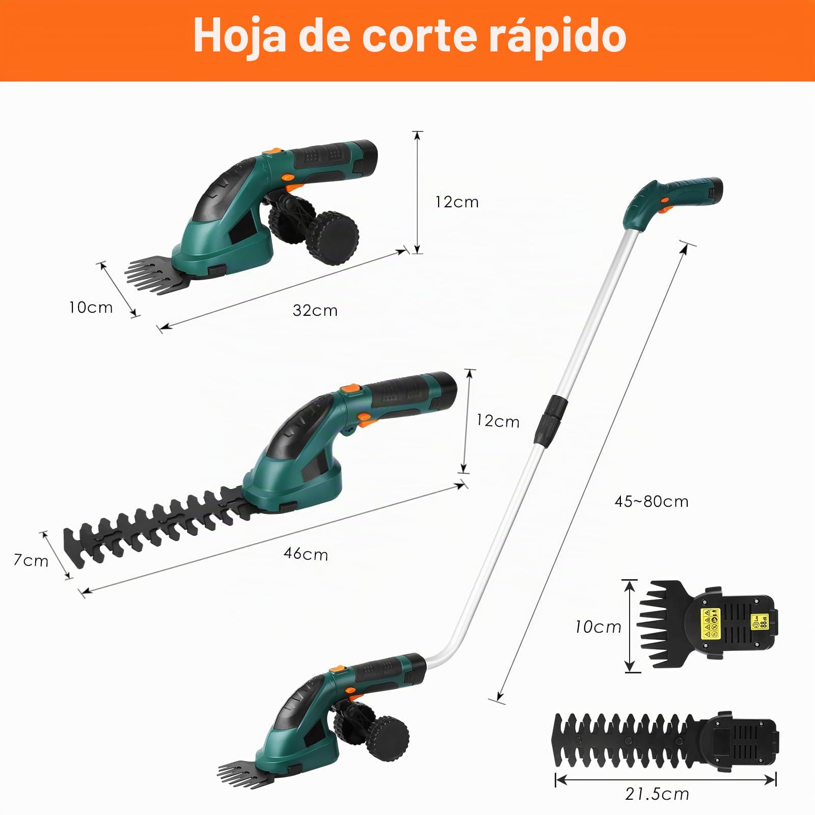 LIFERUN Tijeras de Césped con Batería 7,2 V, 2000 mAh, 2 en 1 Tijeras de Césped con Mango Telescópico, Batería Recargable y Cargador, para Césped de Jardín, desherbar, árboles, Verde Oscuro