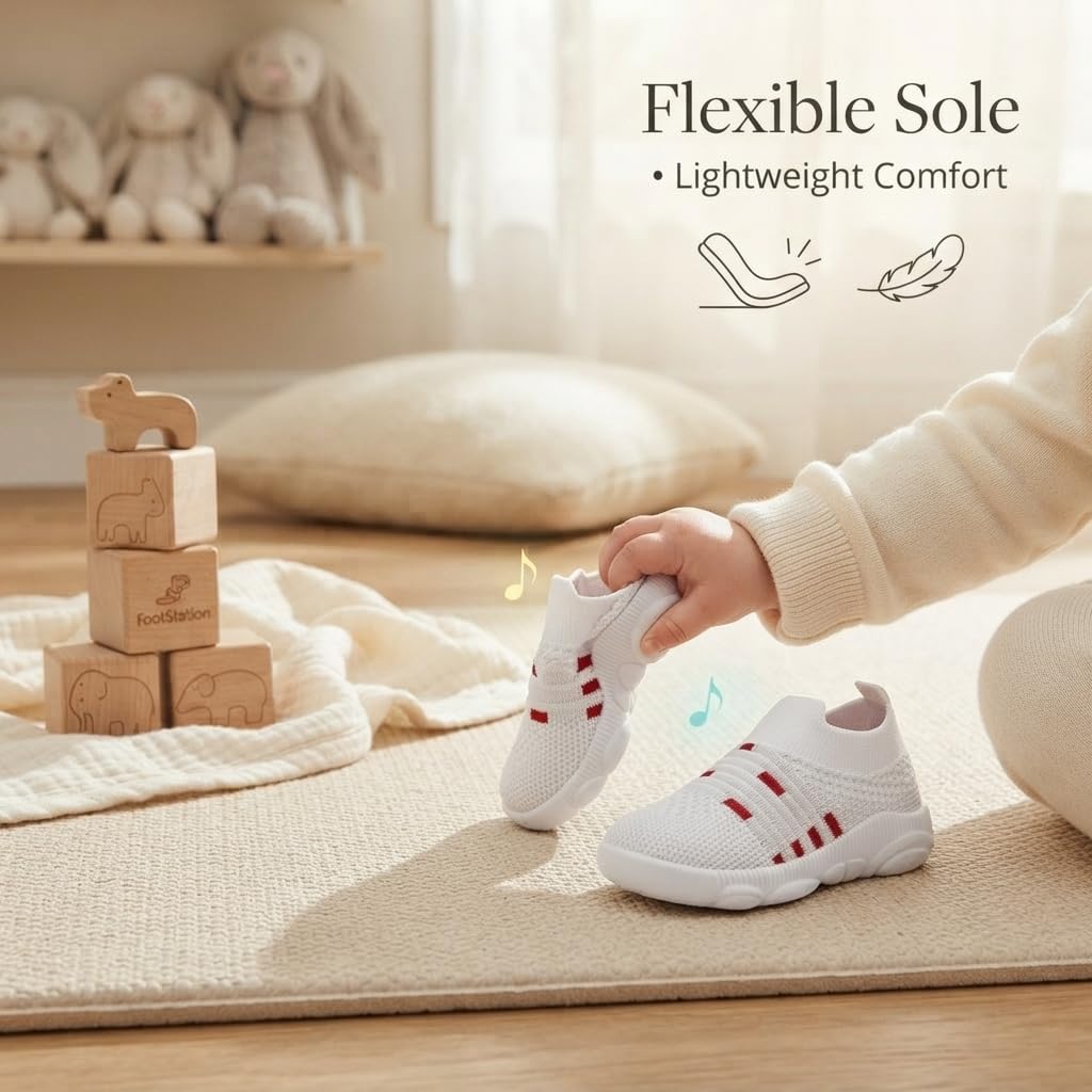 FootStation Infant Shoes for Baby Boys & Girls | Musical Sound Walking Shoes | First Walker Shoes for Toddlers | Lightweight Breathable Knit Sneakers | Soft Sole Comfortable Slip On Shoes for Newborns, Babies & Kids (White, UK Footwear Size System, Toddler, Age Range, Medium, 12 Months, 15 Months) 4