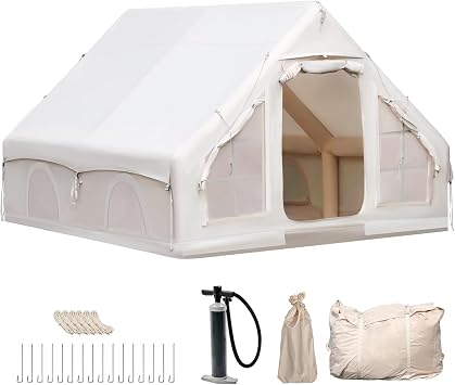 Inflatable Camping Tent with Chimney Opening & skylight, 2-8 Person Tent Outdoor with Air Pump, 4 Season Waterproof Oxford Cloth Quick Build Inflatable Tent
