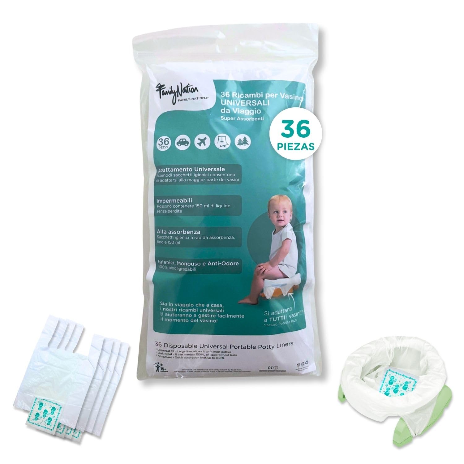 Family Nation, 36 Recambios Orinal Portátil de Viaje para Niños, Bolsas Desechables Universales y Súper Absorbentes, Adecuadas También para Potette Plus, Anti-Olor y 100% Biodegradables, 45,2x29,5 cm