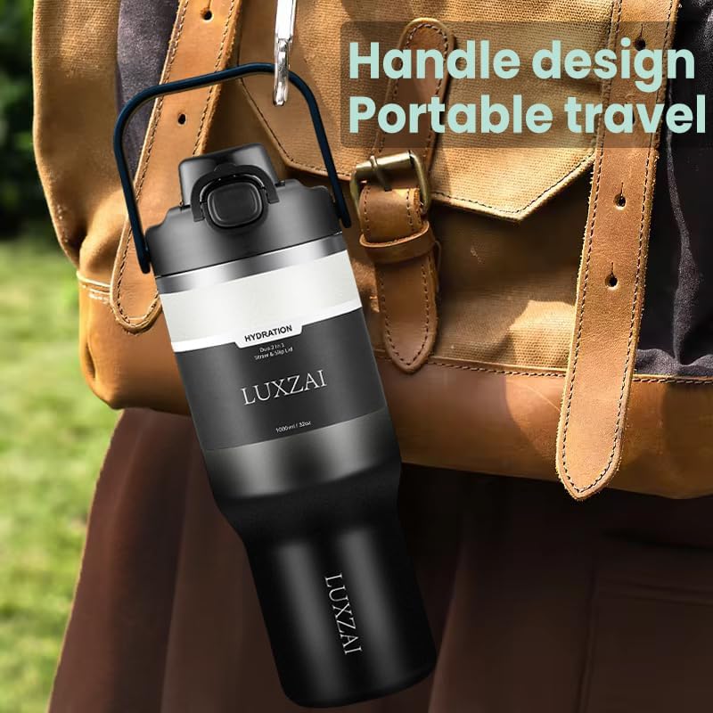 32 oz Insulated Stainless Steel Tumbler with Handle – Leak-Proof Travel Mug & Water Bottle, 2-in-1 Lid for Straw & Direct Sip, Cup Holder Friendly - Image 7