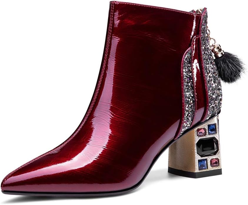 TinaCus Women's Patent Leather Handmade Crystal Mid Chunky Heel Back Zipper Pointed Toe Plus-Size Ankle Boots