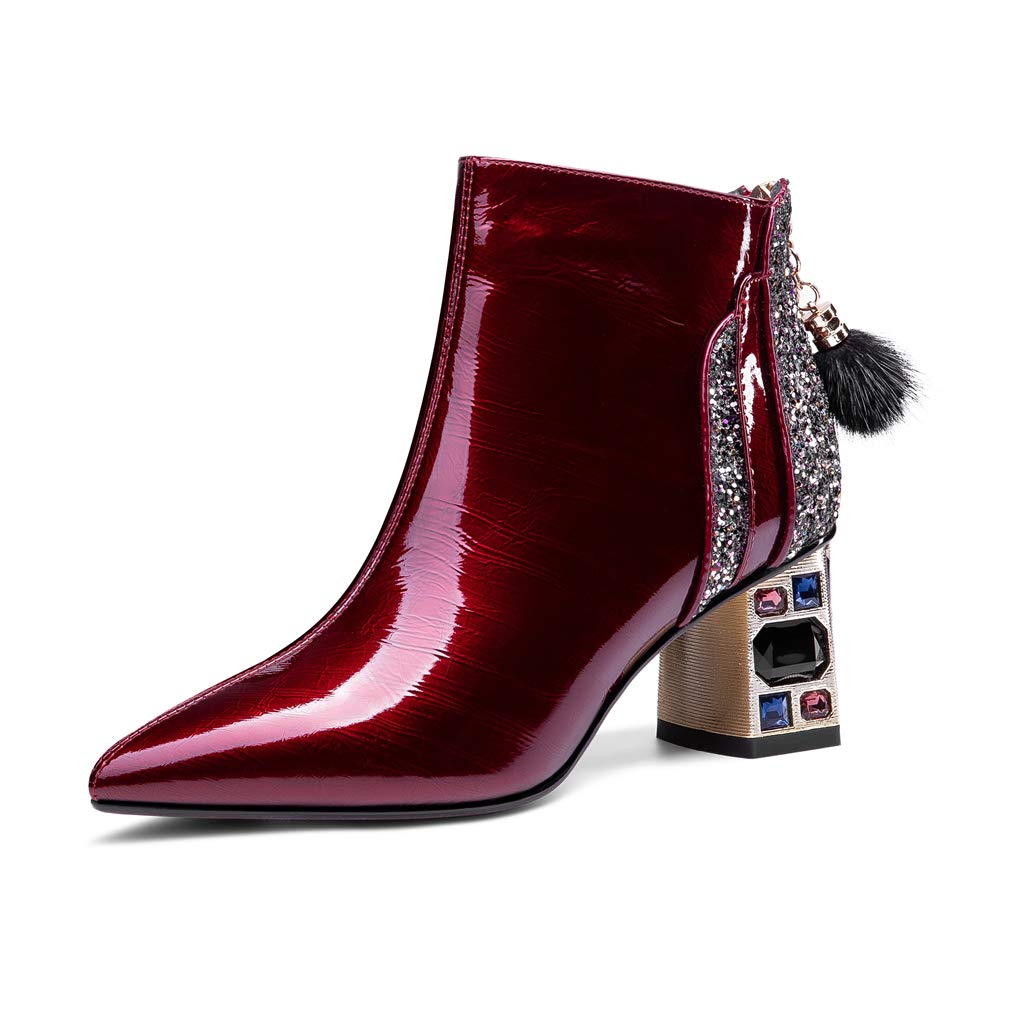 TinaCus Womens Patent Leather Handmade Crystal Mid Chunky Heel Back Zipper Pointed Toe Plus-Size Ankle Boots