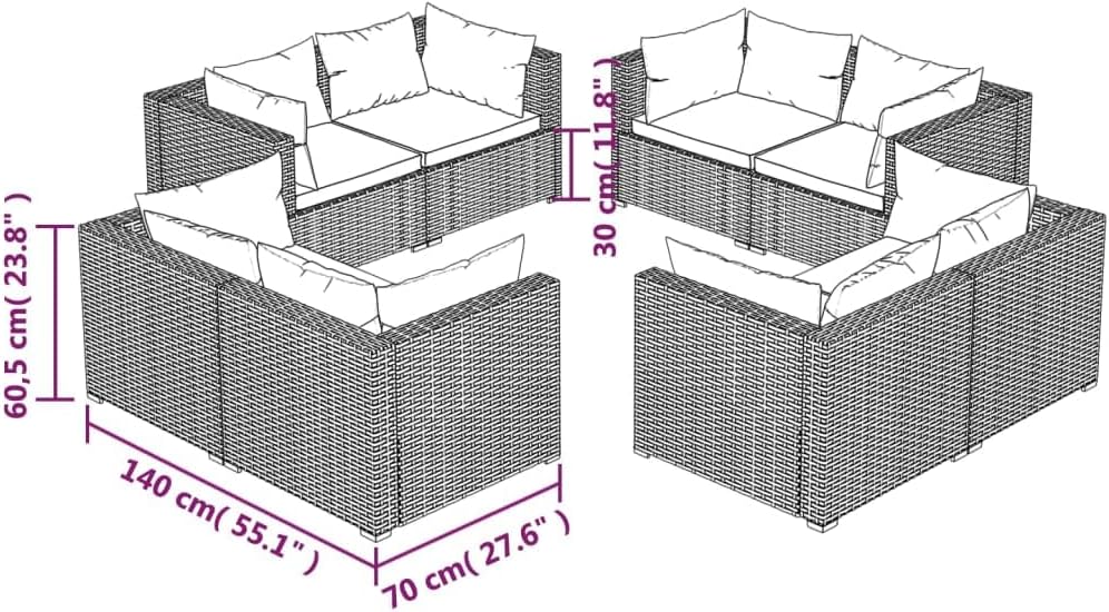 vidaXL Patio Lounge Set 9 Piece with Cushions Garden Outdoor Lawn Yard Terrace Balcony Seat Seating Sofa Furniture Poly Rattan Brown