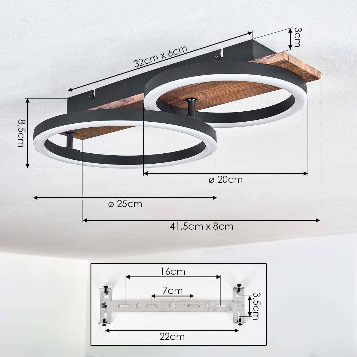 HOFSTEIN LED Deckenleuchte Cascada, Deckenlampe aus Metall/Holz/Kunststoff in Schwarz/Braun/Weiß, 18 Watt, 3000 Kelvin, Leuchte im modernen Design für Schlafzimmer, Esszimmer, Wohnzimmer, Küche, Flur