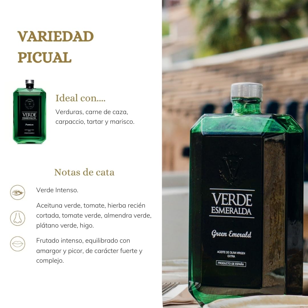 Verde Esmeralda Aceite de Oliva Virgen Extra Picual Premium – Línea Gemas España-Jaén, 500ml | AOVE monovarietal filtrado Sierra de Cazorla, afrutado intenso, hierba fresca, tomatera y almendra — view 3