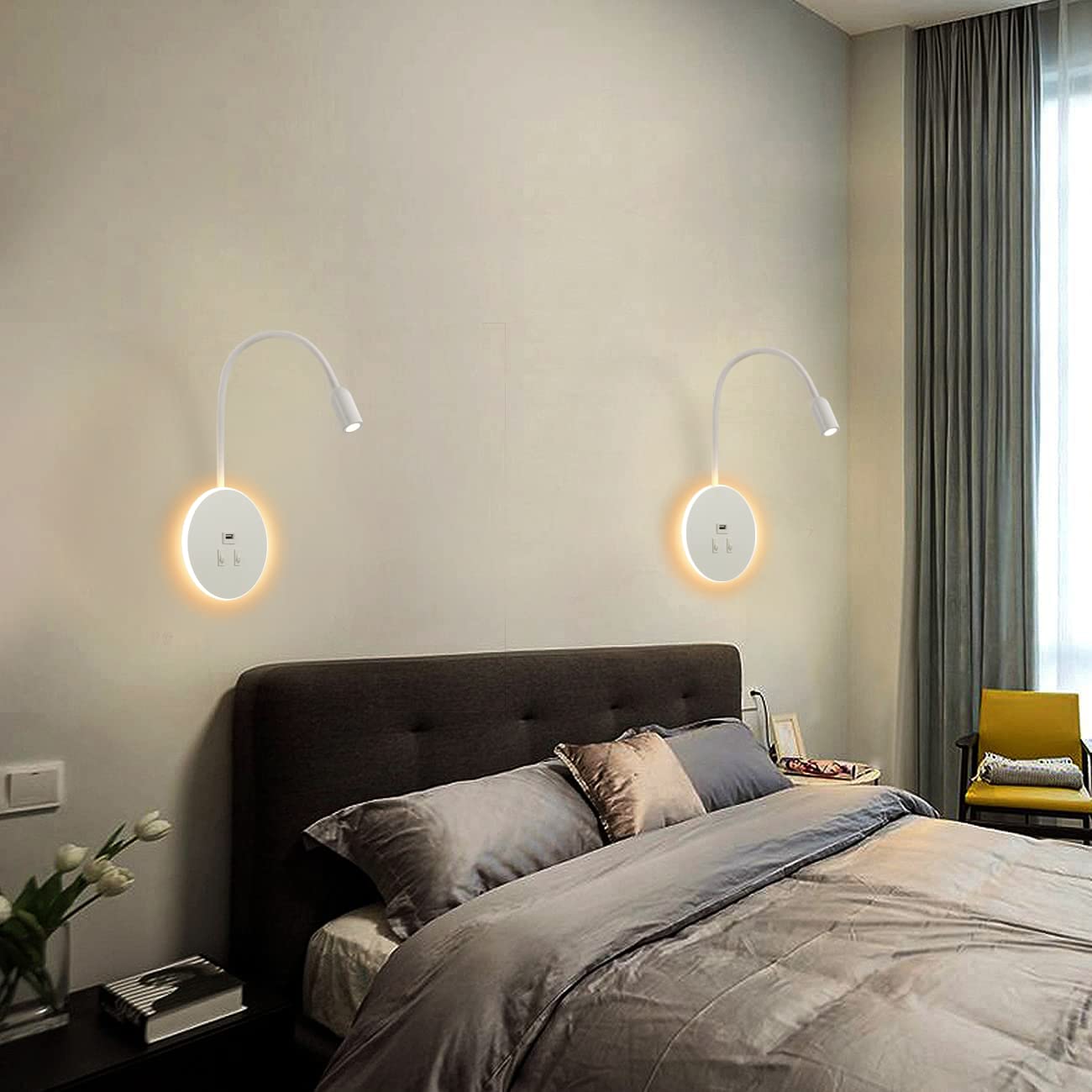 aplique de pared LED, lámpara de cuello de cisne flexible, luz de lectura junto a la cama con interruptor, puerto de carga USB, luz ambiental del dormitorio (3W 3000K+8W 6000K) Blanca