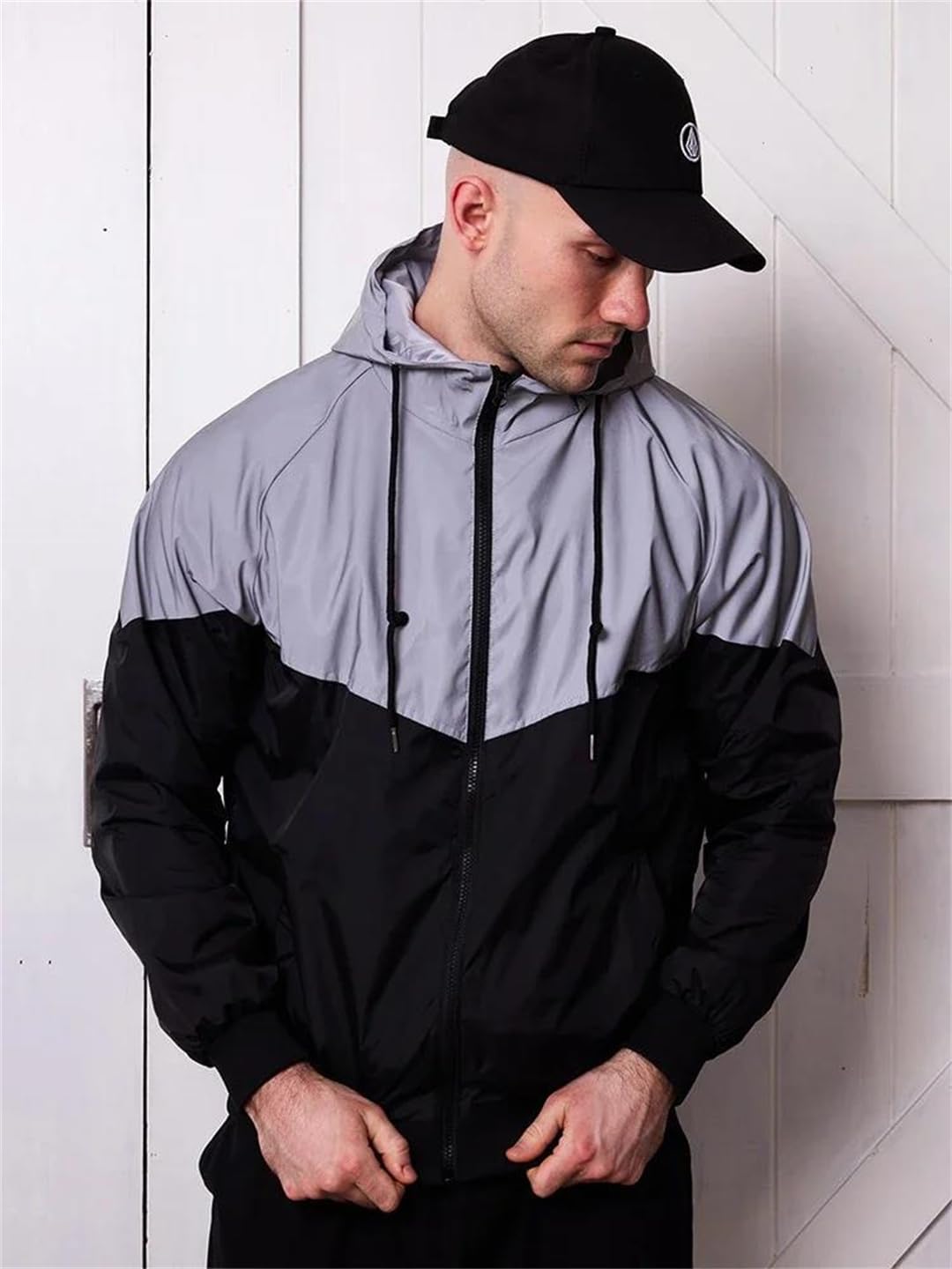 Men's Night Reflective Jacket Casual Hooded Windproof Outdoor Fishing Running Hip Hop Coat