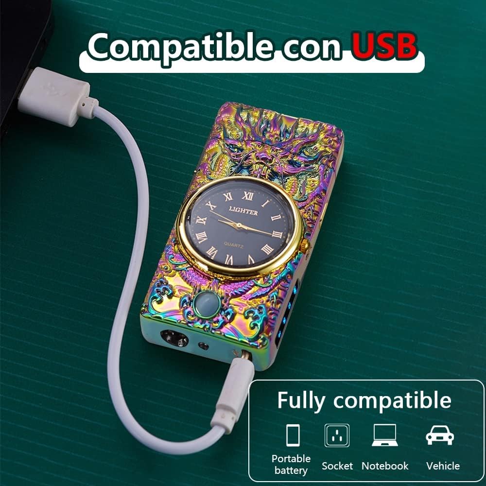 Drachen-Design Plasma-Feuerzeug USB – Windfest & Wiederaufladbar (Schwarz, Mit Uhr)