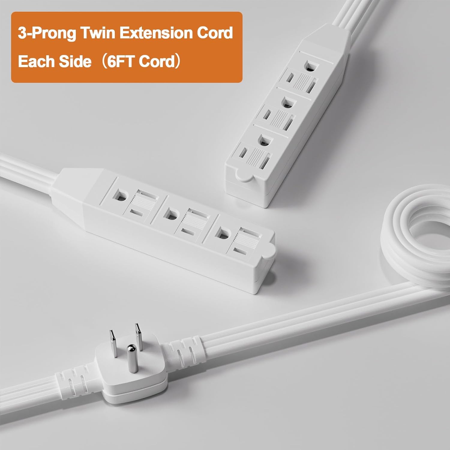 oviitech 3 Prong Twin Extension Cord,6 Feet on Each Side Totally 12Feet,Flat Plug Power Strip,Double Extension Cord Splitter for Home, Office, and Indoor Use.