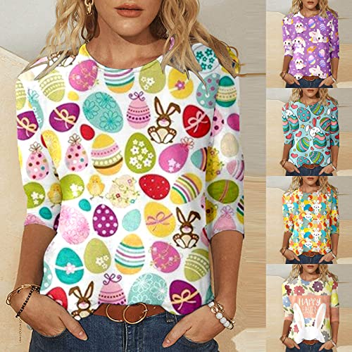 YuanJuli Camisetas femininas de Páscoa com estampa de ovos fofos, coelhinho, manga 3/4, blusa de ver