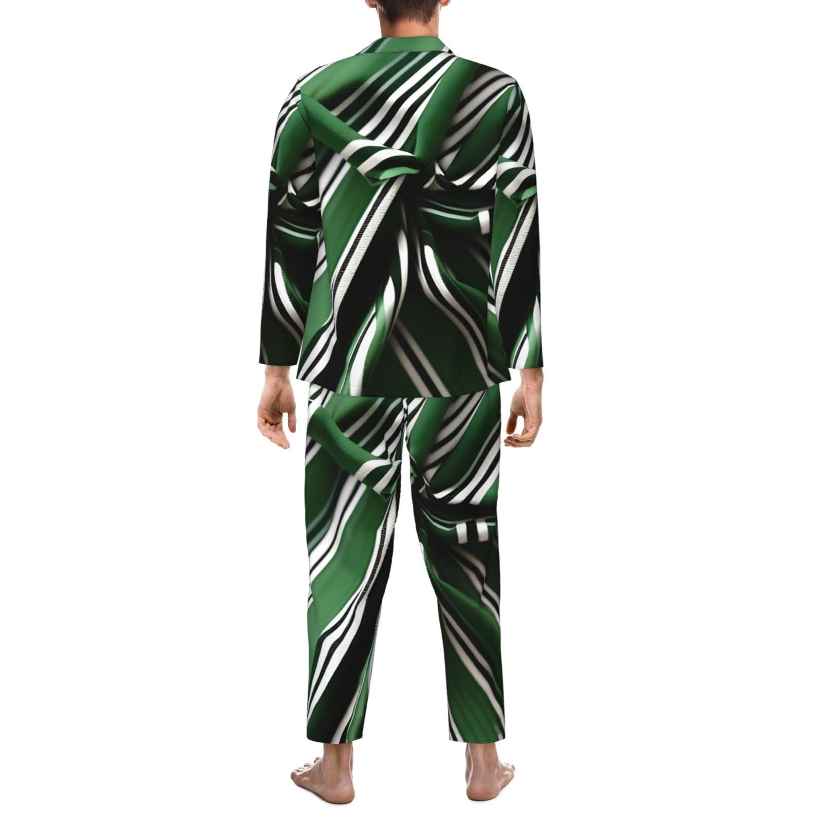 Pigiama a maniche lunghe da uomo con stampa a righe verdi classiche Set da notte in due pezzi Home Travel Outfit Lounge Pants