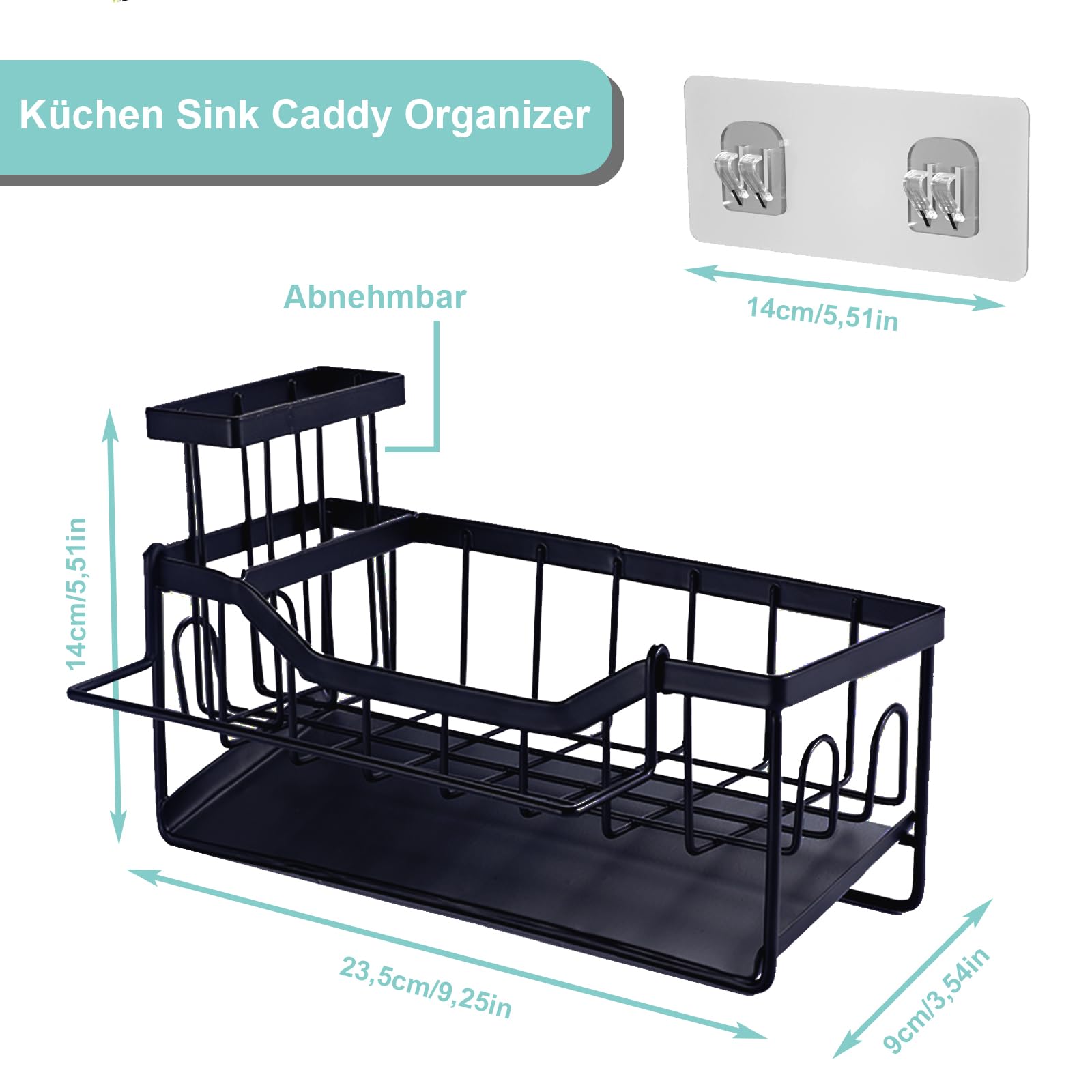 Spülbecken Organizer Schwarz, Küchen Sink Caddy Organizer, Küchenorganisator, Hängendes Waschbeckenregal Lagerung, Kein Bohren Erforderlich, 1 Selbstklebender Haken, Geeignet für Küche und Bad