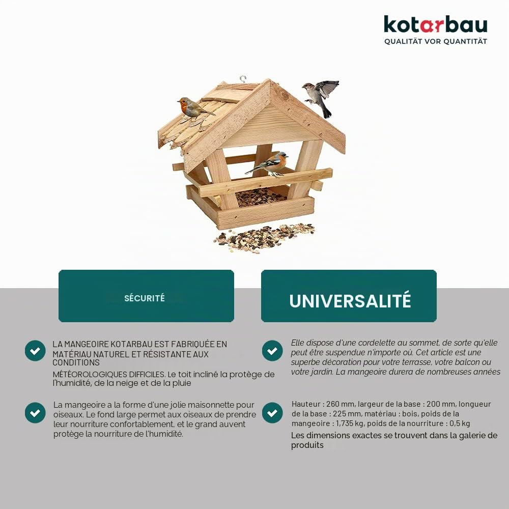 KOTARBAU Mangeoire à oiseaux en bois avec bardeaux pour suspendre + 0,5 kg de nourriture