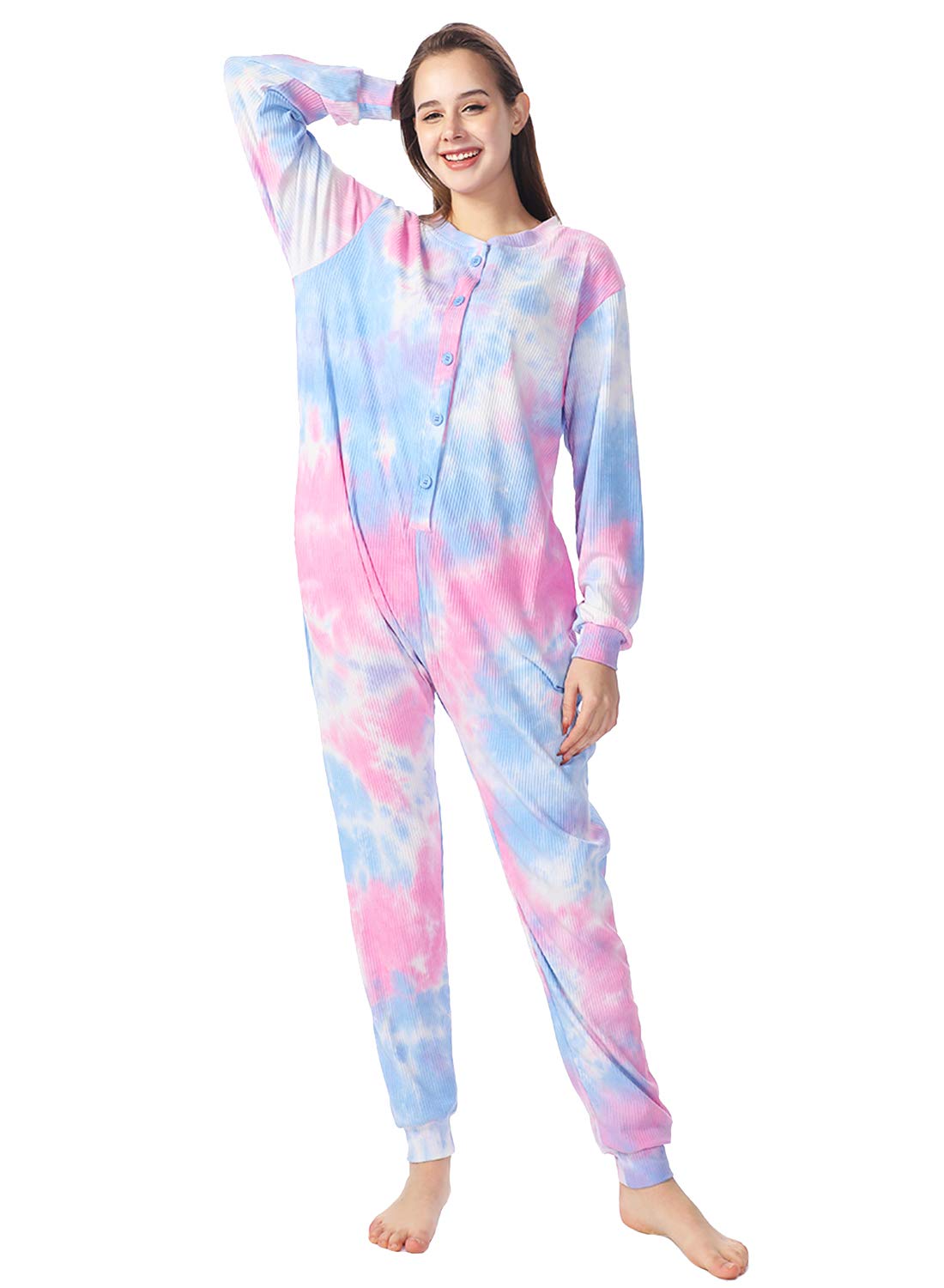 Lifeye Womens Onesie Pajamas Tie-Dye Cotton Romper Thermal Sleepwear Long Sleeve Jumpsuit Homewear Nightwear with Pockets