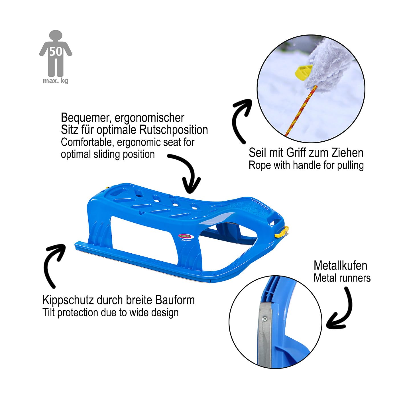 JAMARA 461121 Play Schlitten Snow-Star 90cm-Metallkufen, Seil mit Griff zum Ziehen, schlagzäher Kunststoff, blau