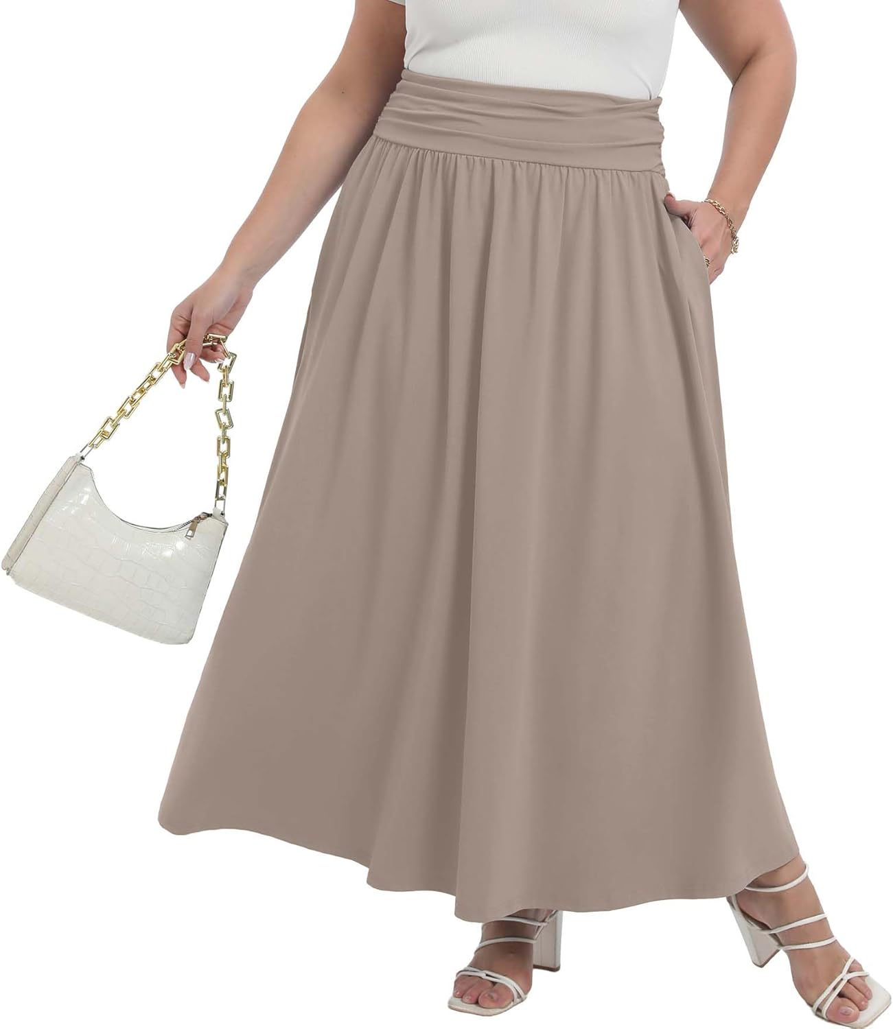 OLRIK Plus Size Maxi Skirt with Pockets 2026 Summer Elastic High Waisted A-Line Flowy Long Skirts