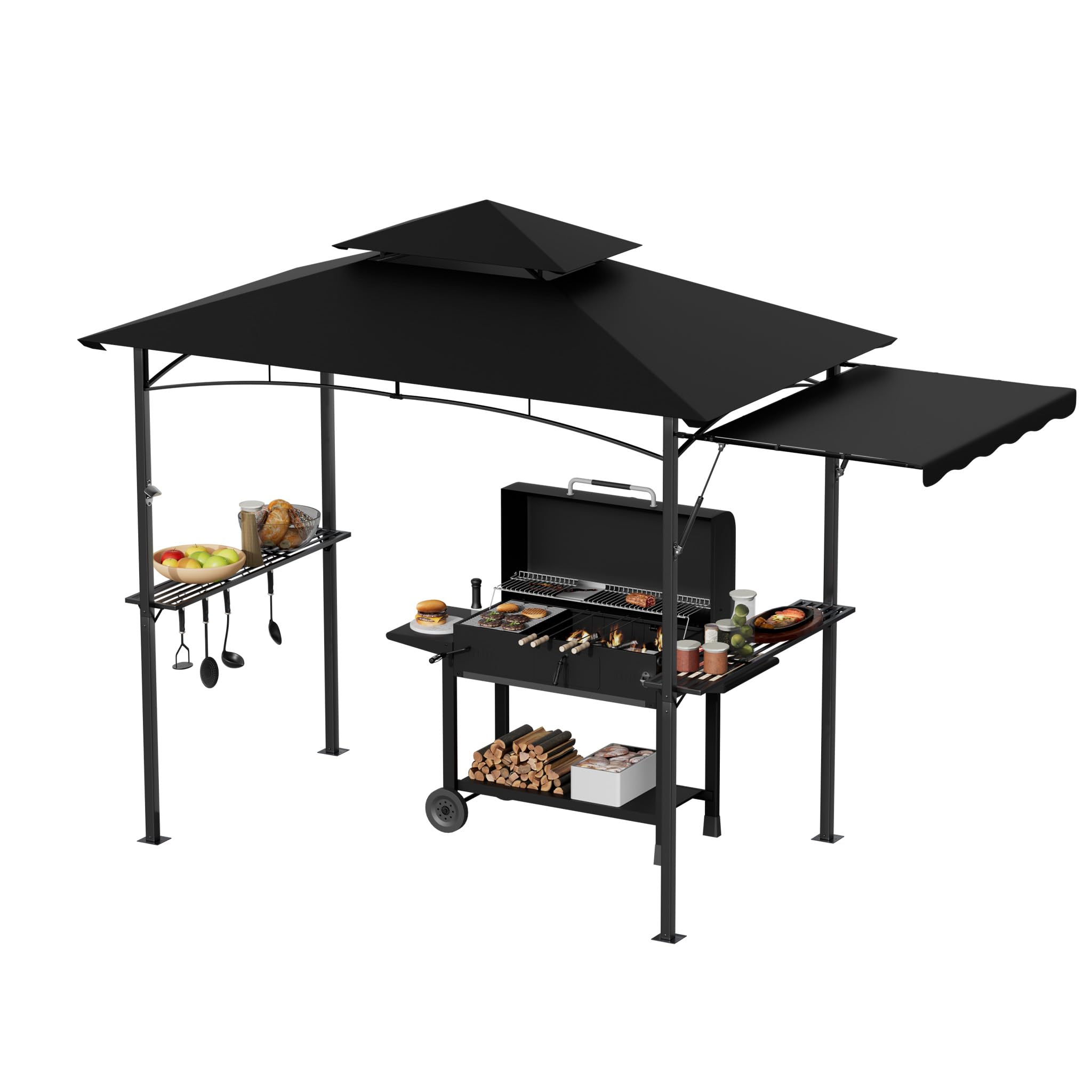 XMTECH Pawilon grillowy z markizą boczną, podwójnym dachem i miejscem do przechowywania, 339 x 141 x 253 cm, pawilon ogrodowy, 2 metalowe regały i haczyki, ochrona na BBQ, imprezy ogrodowe, czarny