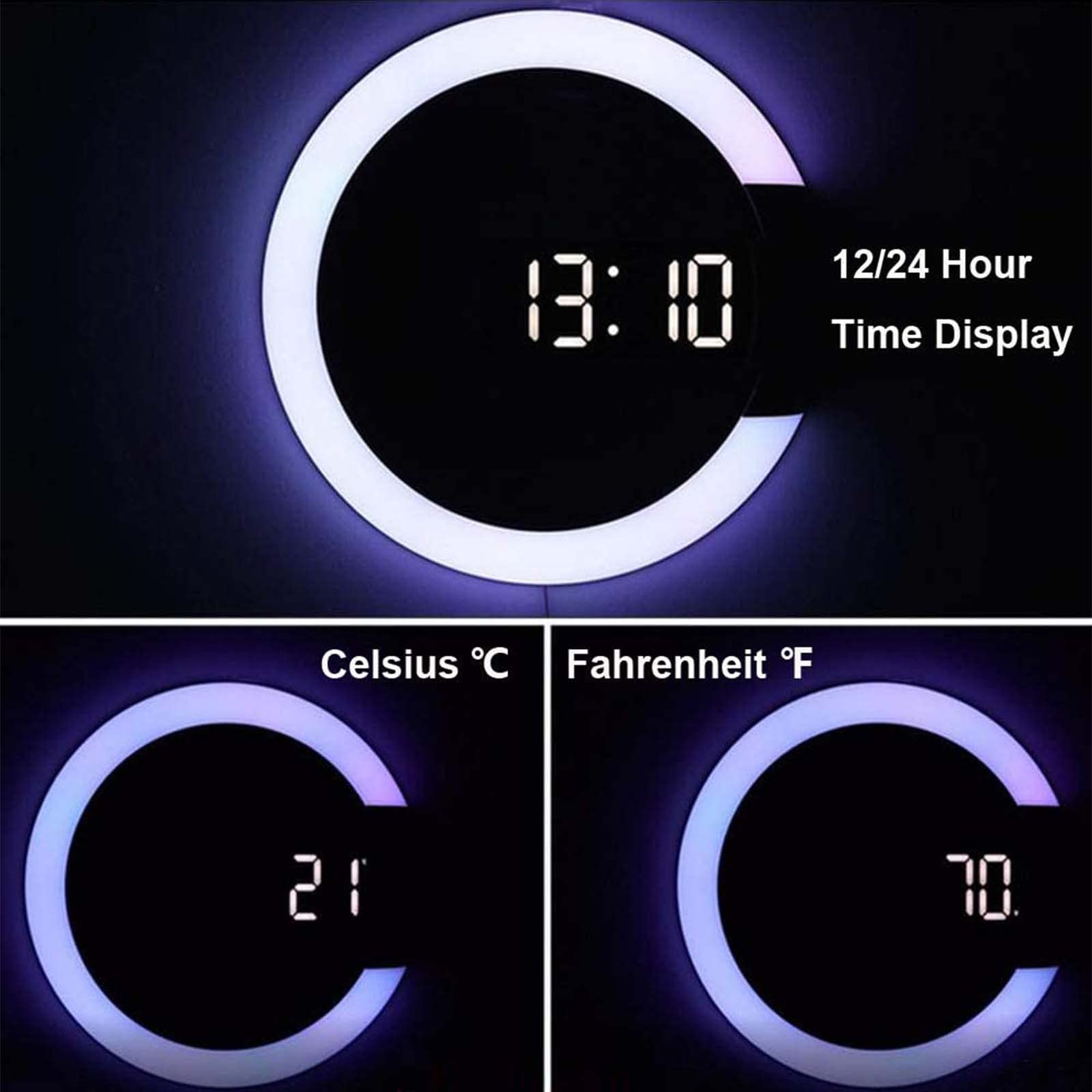 Zegar ścienny z oświetleniem LED, cyfrowy zegar ścienny z lustrem, zasilany przez USB cyfrowy budzik zdalnie sterowany zegar ścienny z temperaturą drzemki i wyświetlaczem 12/24h, 7 kolorów RGB do domu, sypialni