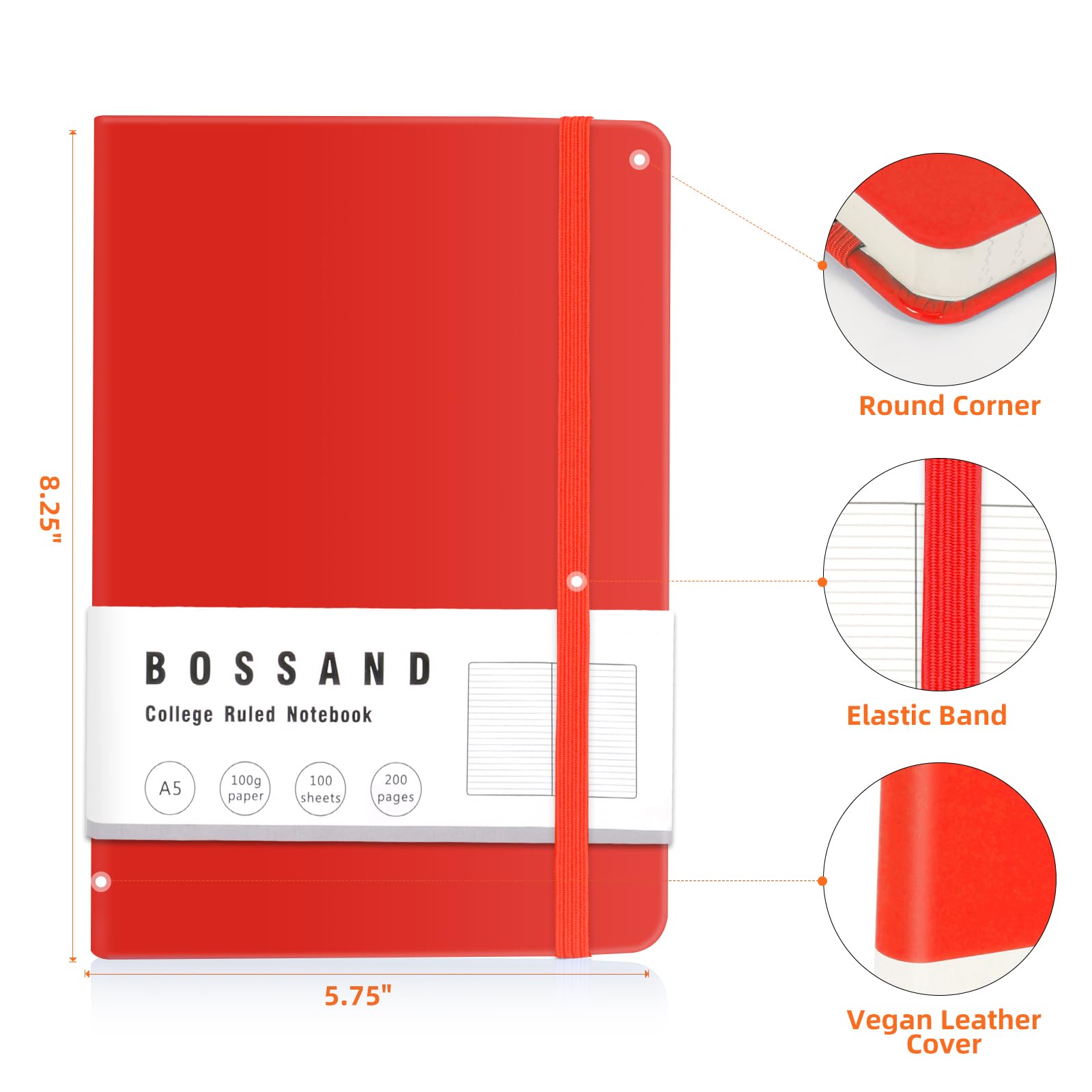 BOSSAND Notatniki w linie College, 6 zeszytów w linie A5, 200 stron, gruby papier o gramaturze 100 g/m², twarda okładka, 21 cm x 14,6 cm, czerwony