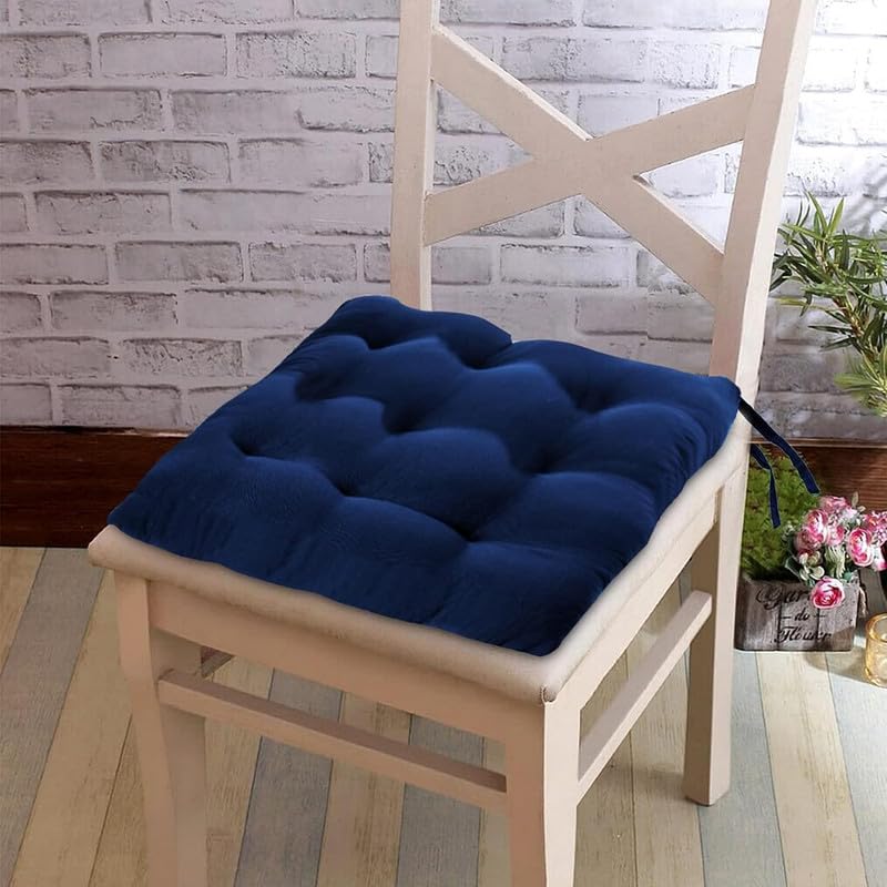 Image of Rajasthan Crafts Pack of 6 Chair Pad | Chair Cushion Pad | Microfiber Square Chair Pads with Ties | Seat Cushion for Chair Office, Sitting, Pooja, Dining & Office Tables (16x16 Inch, Navy Blue)