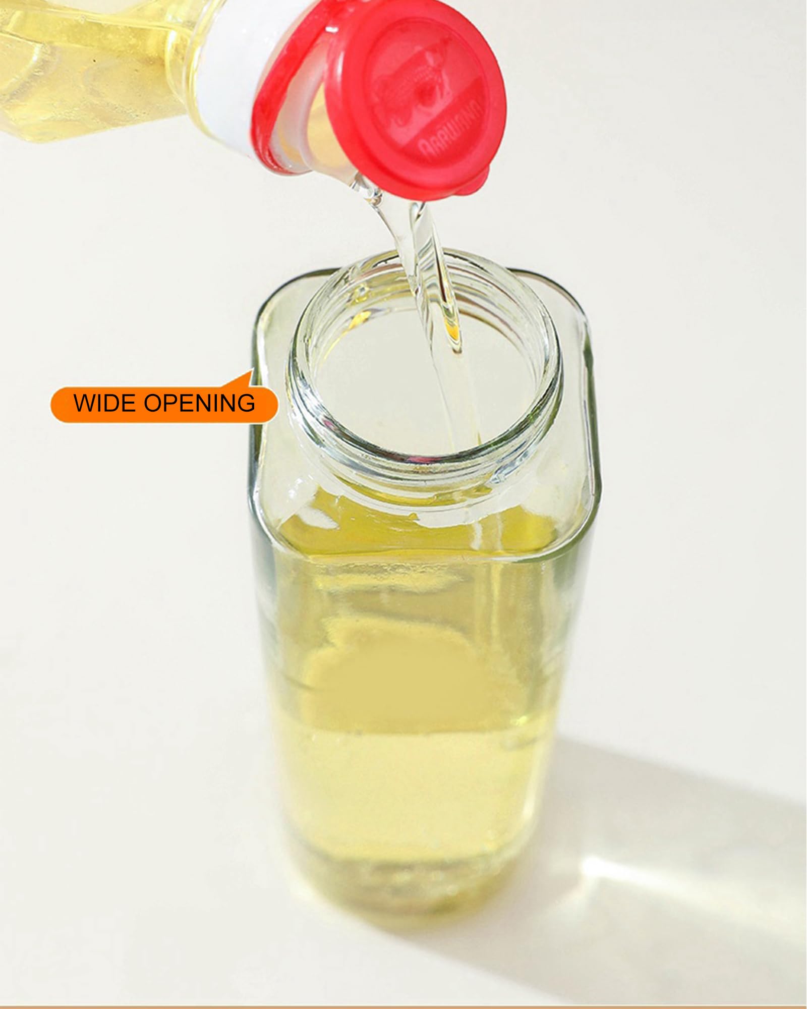 Ölspender, 480 ml, für Küche, Kochen, 4 Stück, mit Etiketten, Olivenöl-Flaschenspender, automatisches Klappen, tropffreie Ölflasche, breite Öffnung, leicht nachzufüllen und zu reinigen, gelber