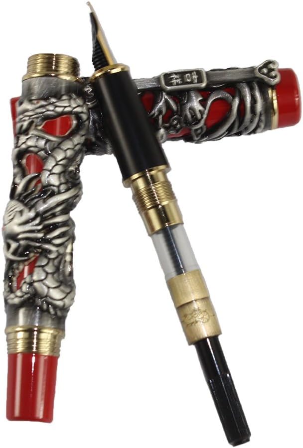Gullor Noblest Dragon and Phoenix Fountain Pen with PU leather pen pouch and 5 colour ink cartridge - Antique Silver and red
