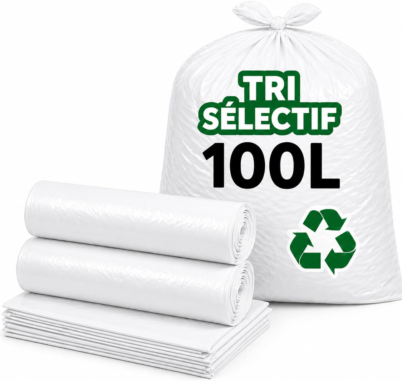 Bolsa de basura blanca 100 l | 50 bolsas de basura de 100 litros (2 rollos de 25 bolsas) | Muy resistente (30 µ) e impermeable | Residuos no alimentarios | Cierre de enlace para atar | Clasificación