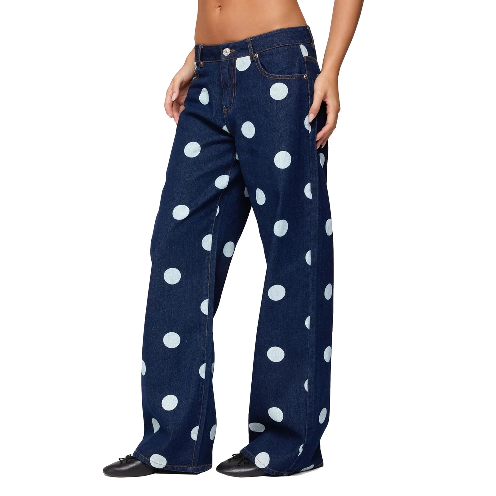 Jeans da Donna A Vita Media con Gamba Larga Stampa A Pois Casual Pantaloni in Denim A Gamba Dritta