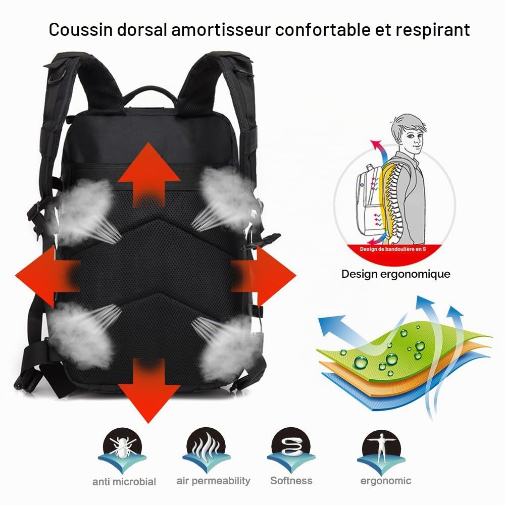 Sac à Dos Tactique, 45L Sac Militaire Molle pour Randonnée, Camping, Chasse et Voyage en Plein Air pour Hommes et Femmes