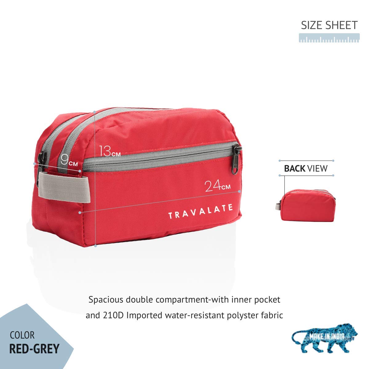 TRAVALATE Polyester Double Compartment Multipurpose Toiletry Kit - Red Grey 1