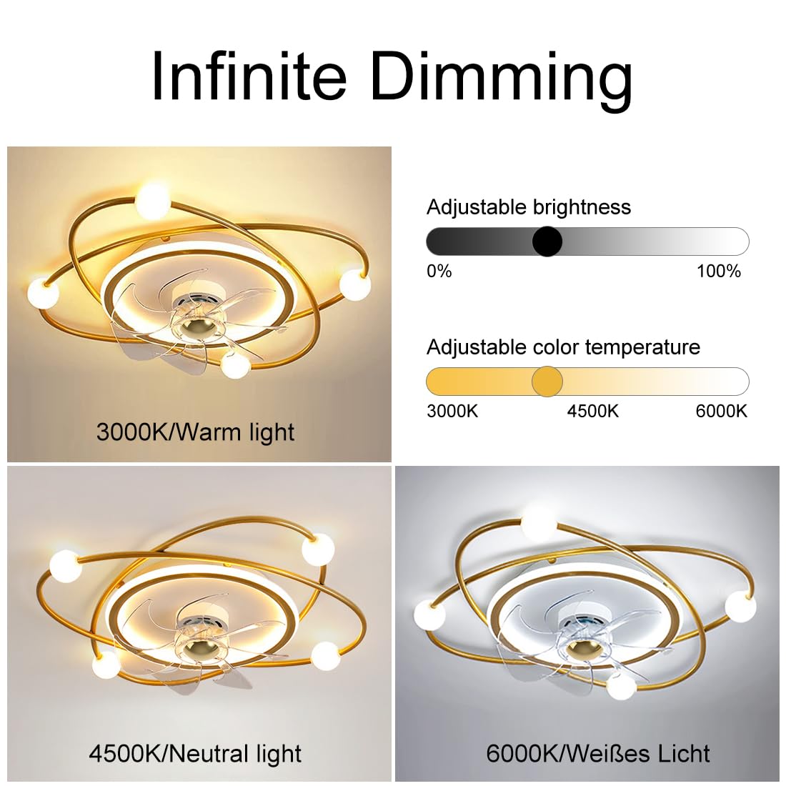 Ventiladores de techo Modernos, 55 cm Ventilador de Techo con luz, 48W Ventiladores de Techo con Luz y Mando, Estar Dormitorio Comedor Lampara Ventilador techo(Oro)