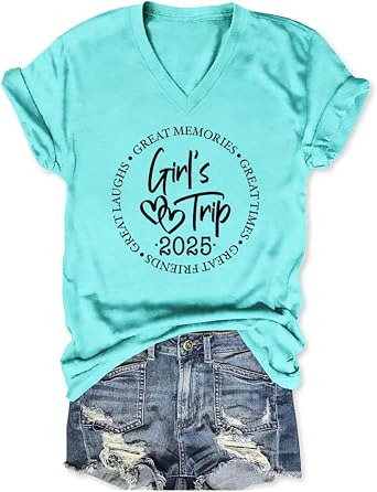Girls Trip T Shirts for Women 2025 V Neck Graphic Tees Girls Trip Cheaper Than Therapy 2025 Short Sleeve T-Shirts