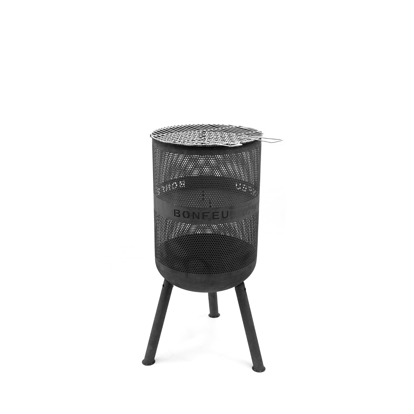 BonFeu Bonves Ø 34cm Schwarz - Feuerkorb für den Garten - Feuertonne & Feuerstelle - Feuerschale Feuerkorb aus stabilem Stahl - Mit Grillrost & Schürhaken zum Kochen - Feuerkorb mit Grillrost