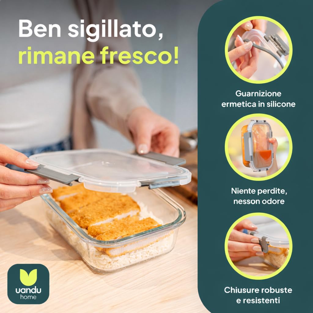 uandu Set di 10 Contenitori Ermetici per Alimenti in Vetro Borosilicato con Coperchio, Meal Prep, Senza BPA, per Microonde, Forno, Frigo, Freezer e Lavastoviglie