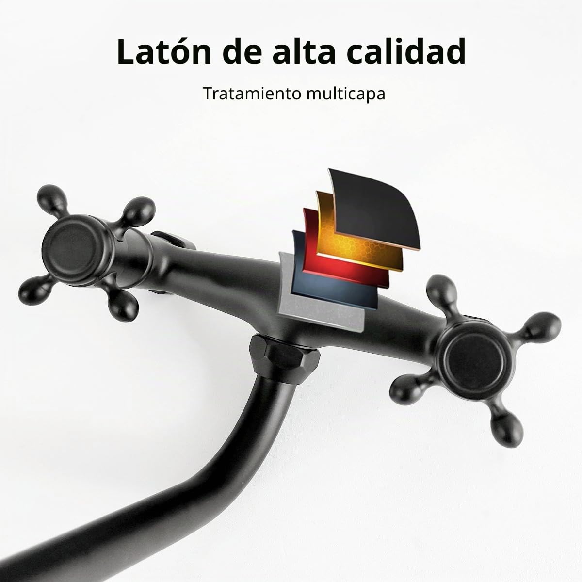 Grifo Cocina de Pared Negro con Dos Manijas | Mezclador fregadero de pared negro latón, giratorio 180°, boquilla en S, agua fría y caliente, para cocina y lavabo baño