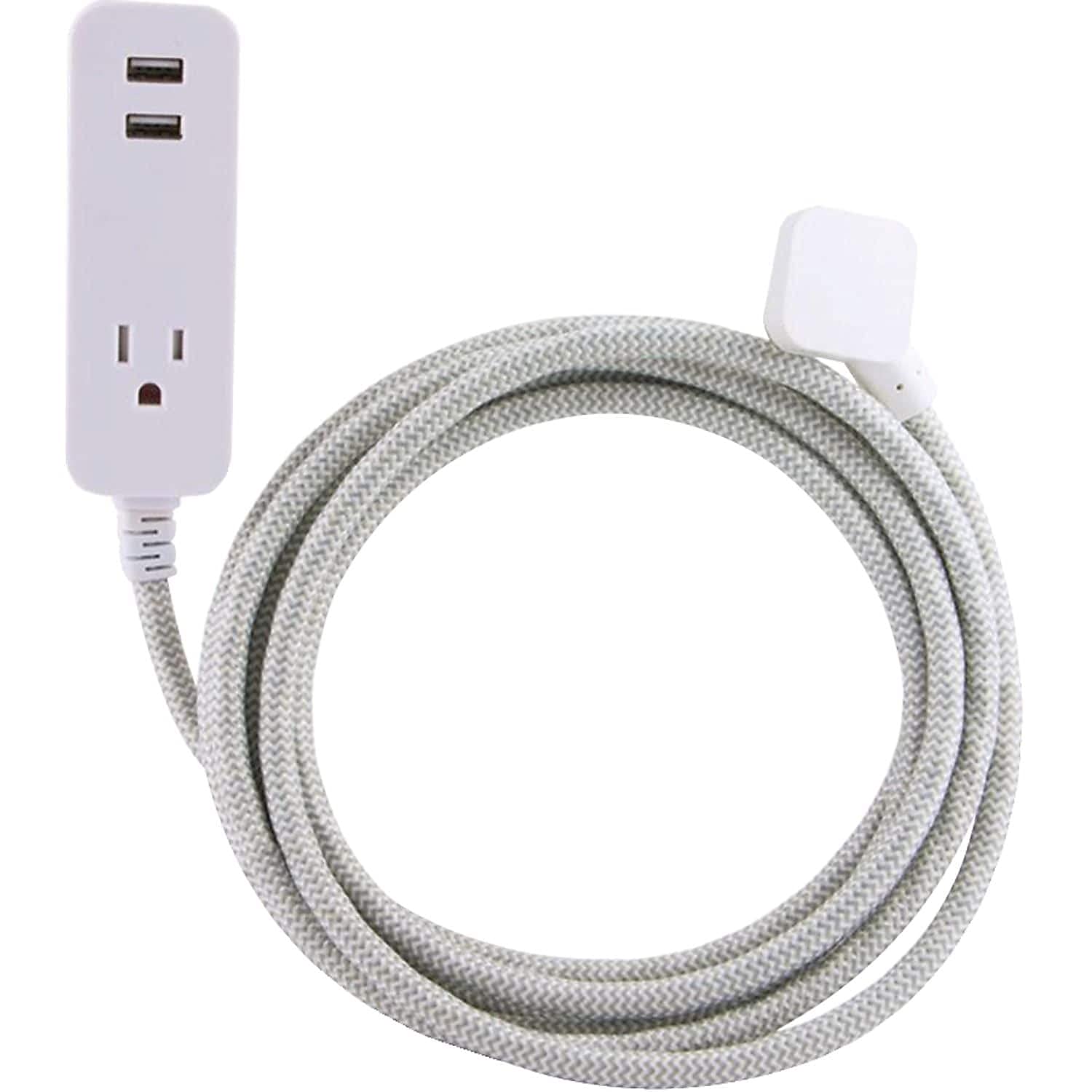 Cordinate Designer 1-Outlet 2-USB Charging Extension Cord with Surge Protection, Gray Braided Décor Fabric Cord, 10 ft, 2.4A USB Charging Ports, with
