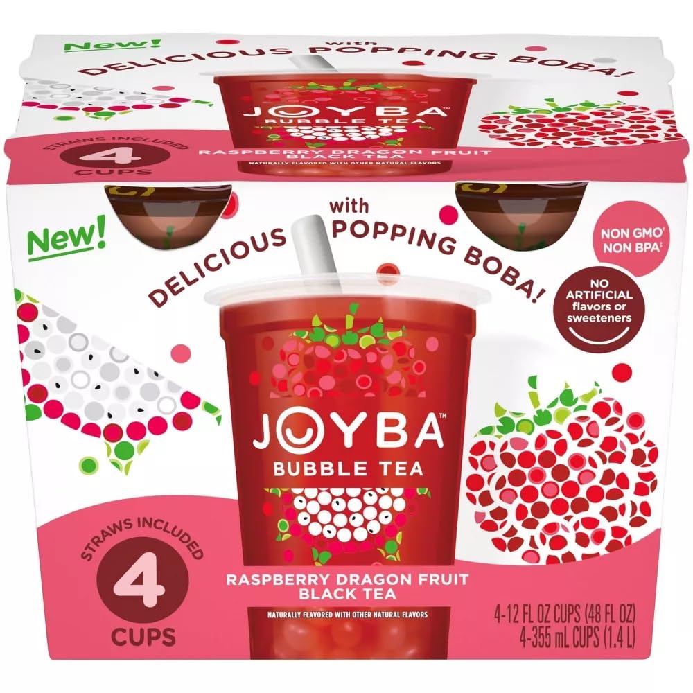 Joyba Raspberry Dragonfruit Black Tea Bubble Tea, 12 fl oz Cup (Pack of 4)